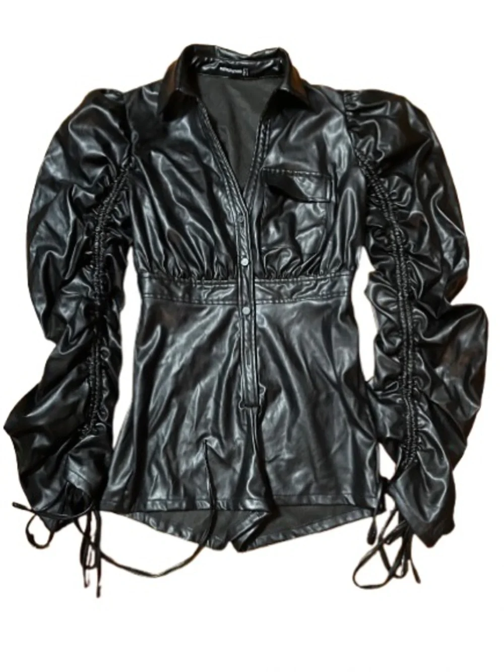 Pretty Little Thing Black Faux Leather Ruched Sleeve Shorts Romper Size 6